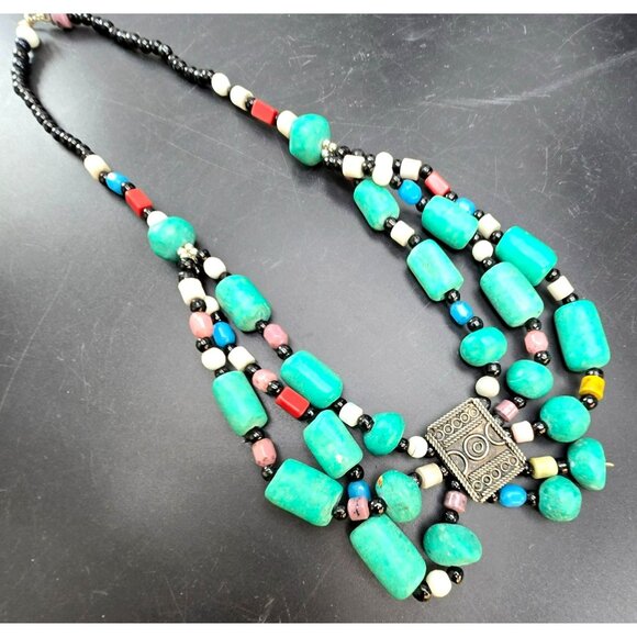 Handcrafted Multicolor Beaded Necklace With Pewter Pendant Accent HS198 - Picture 4 of 8